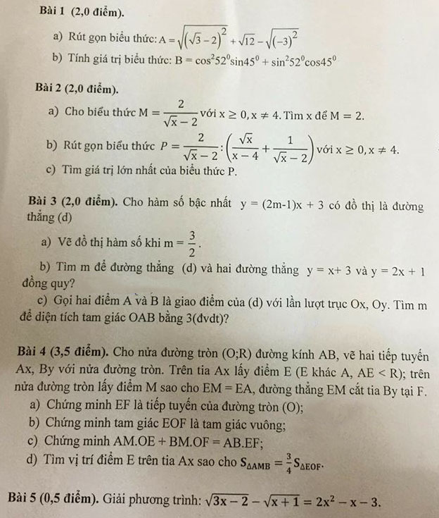 Đề kiểm tra học kì 1 môn Toán 9 quận Ba Đình năm 2017 - 2018-1