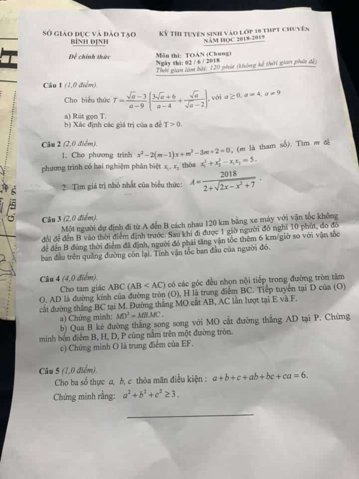 Đề thi vào 10 môn Toán chuyên Lê Quý Đôn - Bình Định 2018