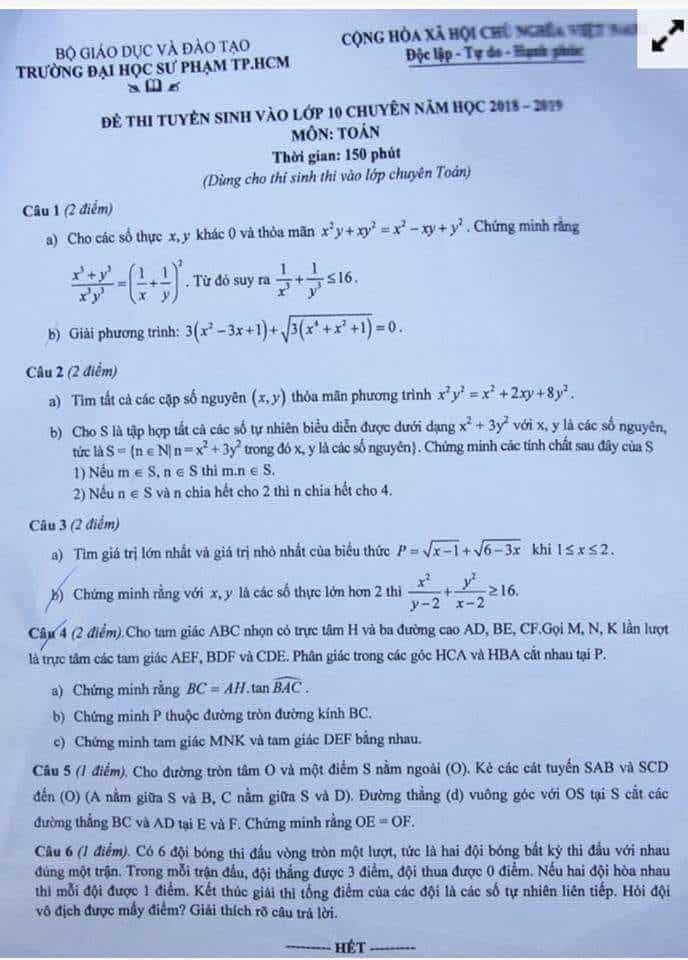 Đề thi vào 10 môn Toán THPT chuyên ĐH Sư phạm TP Hồ Chí Minh 2018