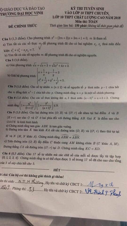 Đề thi vào 10 môn Toán THPT chuyên ĐH Vinh - Nghệ An 2018