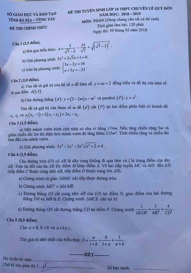 Đề thi vào 10 môn Toán THPT chuyên Lê Quý Đôn - Bà Rịa Vũng Tàu 2018