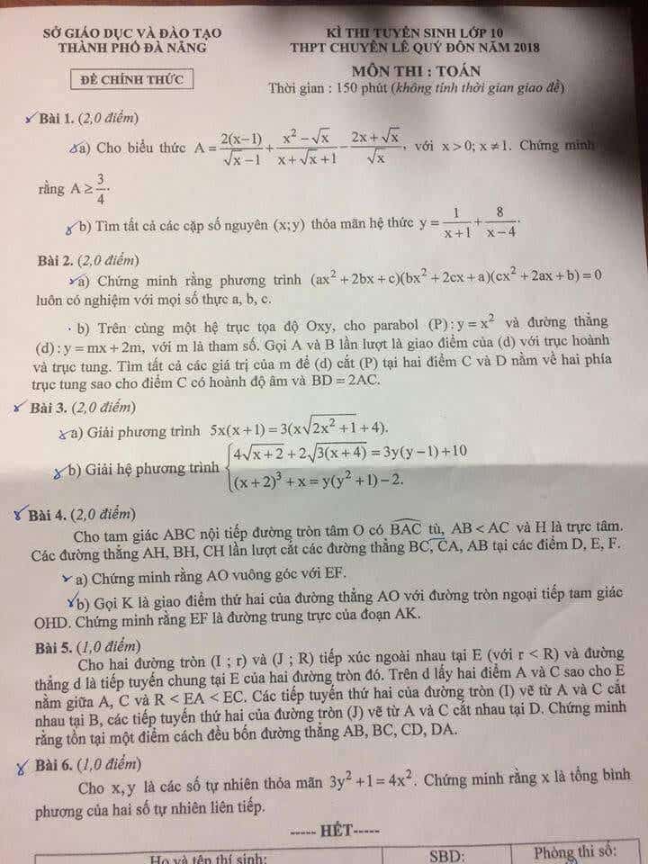 Đề thi vào 10 môn Toán THPT chuyên Lê Quý Đôn - Đà Nẵng 2018