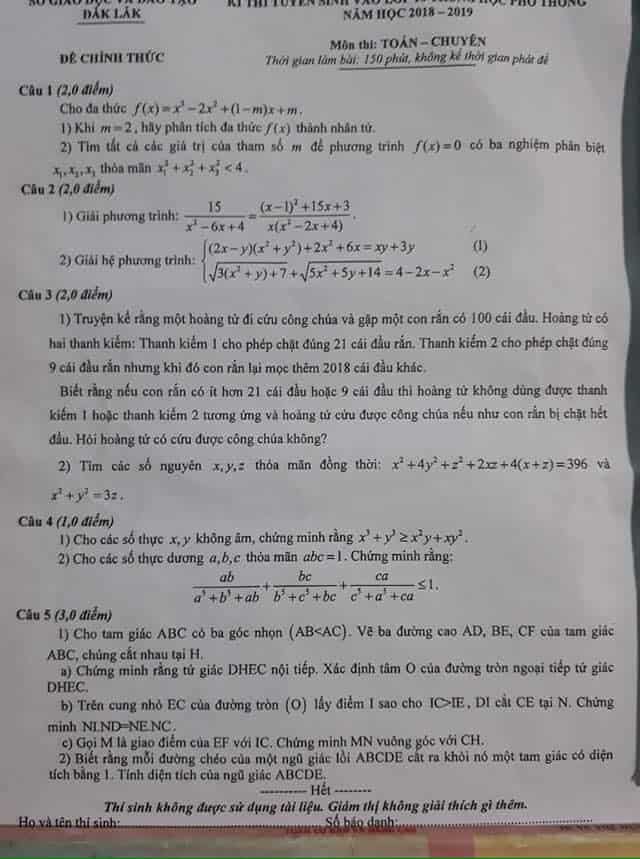 Đề thi vào 10 môn Toán THPT chuyên Nguyễn Du - Đắk Lắk 2018