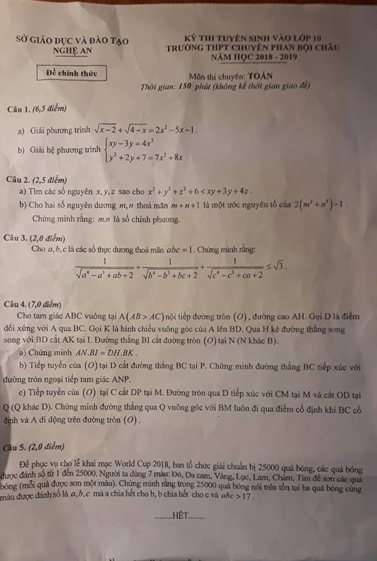 Đề thi vào 10 môn Toán THPT chuyên Phan Bội Châu - Nghệ An 2018