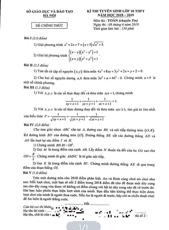 Đề thi vào 10 môn Toán THPT chuyên Tin - Hà Nội 2018