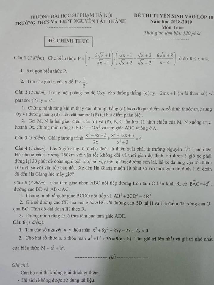 Đề thi vào 10 môn Toán THPT Nguyễn Tất Thành - ĐH sư phạm Hà Nội 2018