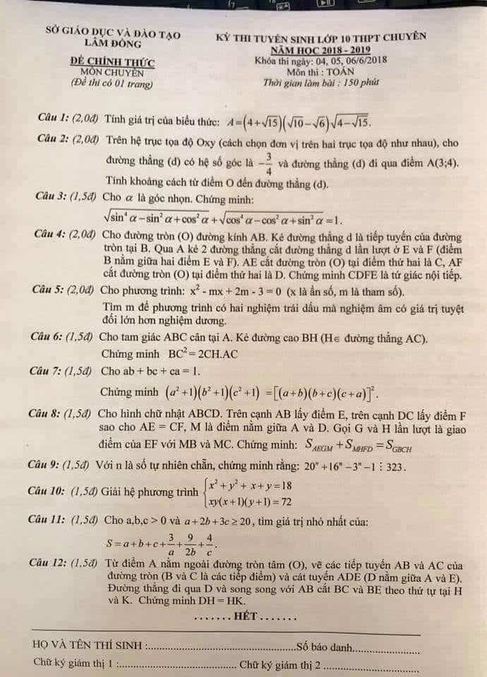 Đề thi vào 10 môn Toán tỉnh Lâm Đồng 2018