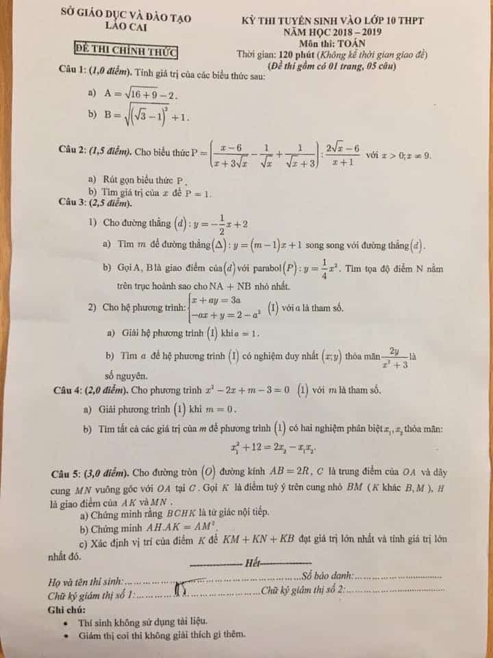 Đề thi vào 10 môn Toán tỉnh Lào Cai 2018