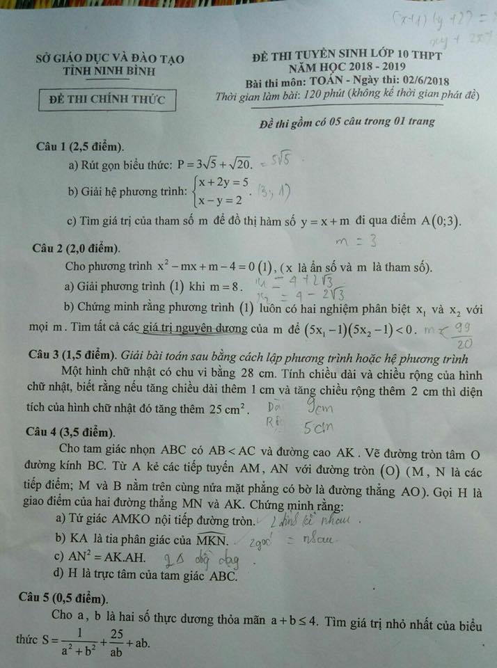 Đề thi vào 10 môn Toán tỉnh Ninh Bình 2018