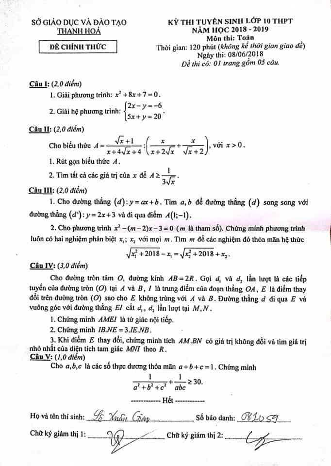 Đề thi vào 10 môn Toán tỉnh Thanh Hóa 2018