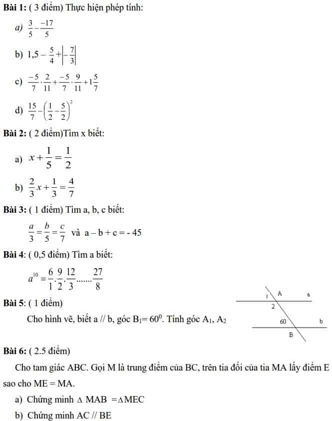 Đề kiểm tra HK1 môn Toán 7 huyện Củ Chi 2016-2017 có đáp án