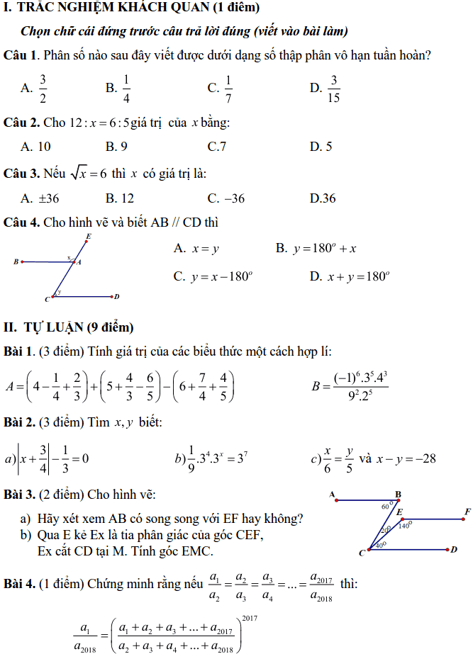 Đề kiểm tra KSCL giữa kì I môn Toán 7 quận Hà Đông 2017-2018
