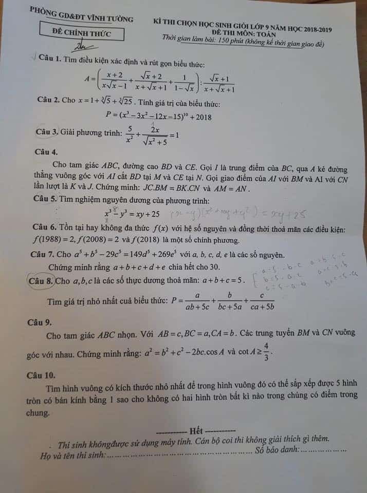 Đề thi HSG môn Toán 9 huyện Vĩnh Tường năm 2018-2019