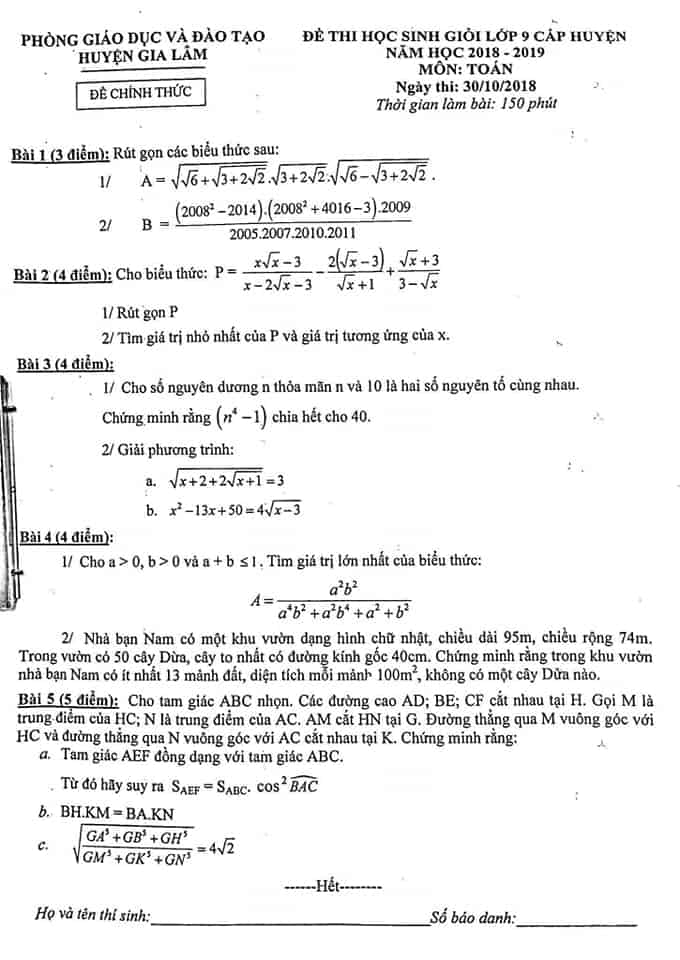 Đề thi HSG Toán 9 cấp huyện Gia Lâm 2018-2019