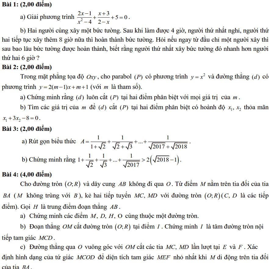 Đề thi Toán vào lớp 10 Khánh Hòa năm học 2018-2019 có đáp án