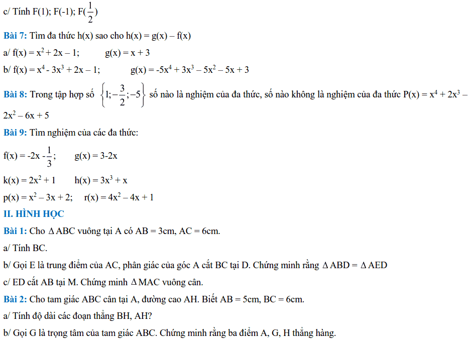 Đề cương ôn tập cuối năm môn Toán 7 THCS Mai Dịch 2017-2018-2