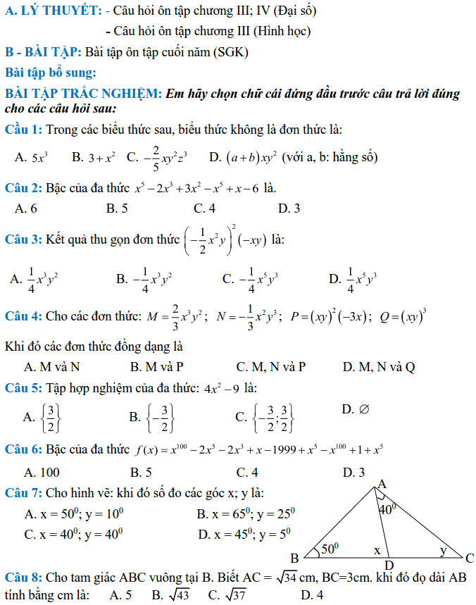 Đề cương ôn tập HK2 môn Toán 7 THCS Lê Quý Đôn 2017-2018