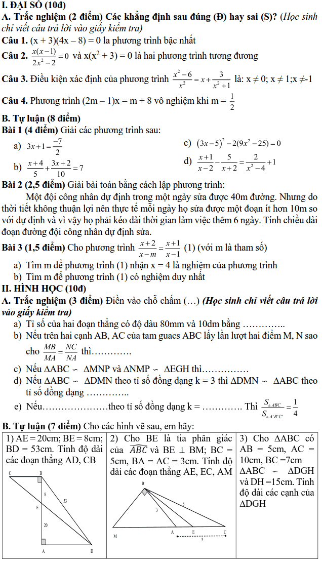 Đề kiểm tra giữa học kì 2 môn Toán 8 THCS Thành Công 2017-2018
