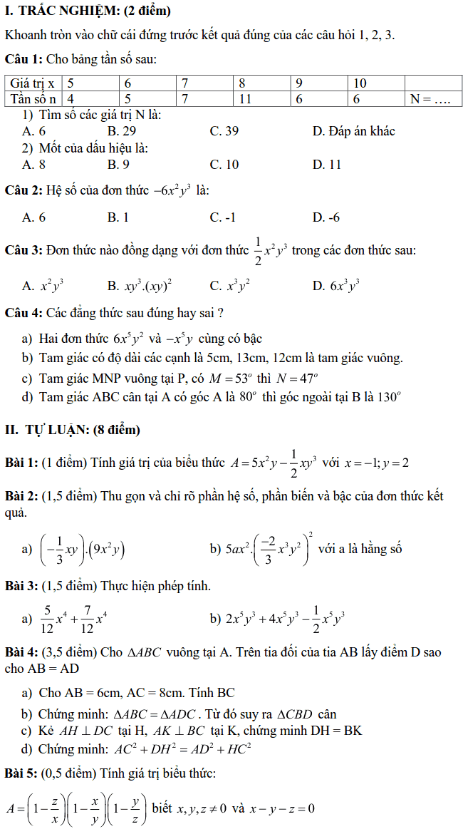 Đề kiểm tra HK2 môn Toán 7 THCS Tây Tựu 2017-2018