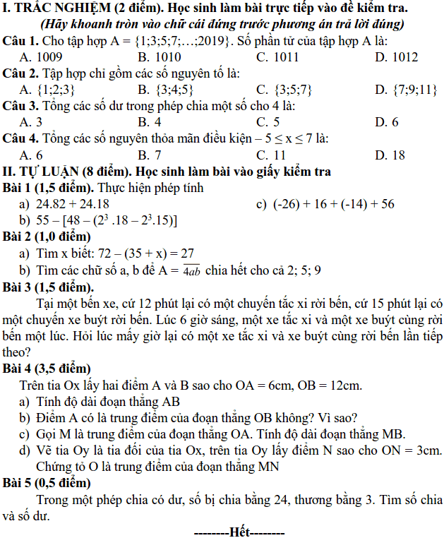 Đề kiểm tra học kì 1 môn Toán 6 huyện Đan Phượng 2018-2019 có đáp án