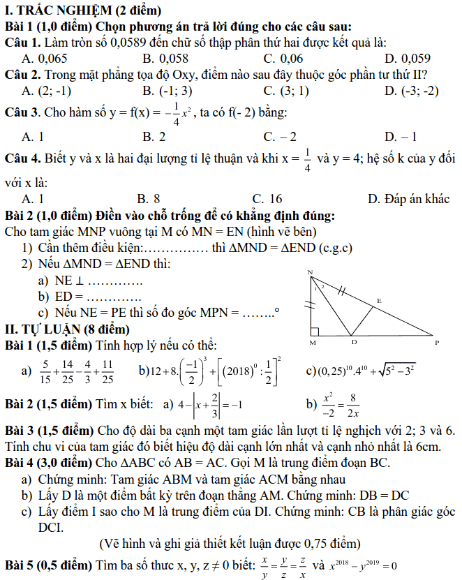 Đề kiểm tra học kì 1 môn Toán 7 THCS Lê Ngọc Hân 2018-2019