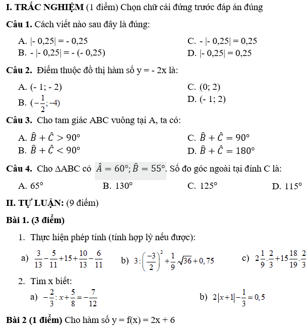 Đề kiểm tra học kì 1 môn Toán 7 THCS Mỹ Đình 1 năm 2018-2019