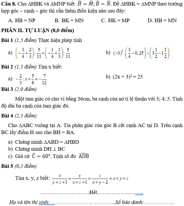 Đề kiểm tra học kì 1 môn Toán 7 THCS Mỹ Đình 2 năm 2018-2019-1