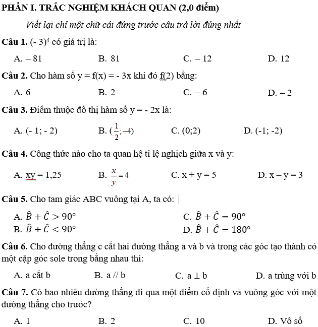 Đề kiểm tra học kì 1 môn Toán 7 THCS Mỹ Đình 2 năm 2018-2019