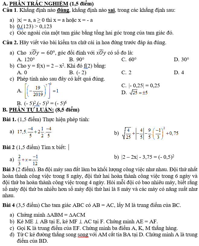 Đề kiểm tra học kì 1 môn Toán 7 THCS Tân Mai 2018-2019
