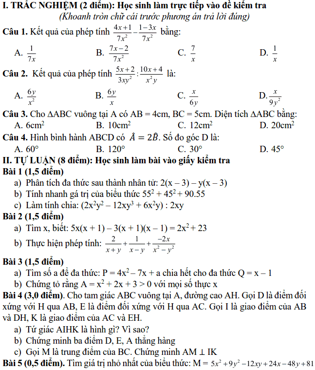 Đề kiểm tra học kì 1 môn Toán 8 huyện Đan Phượng 2018-2019 có đáp án