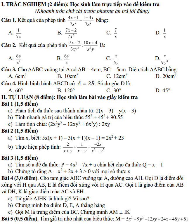 Đề kiểm tra học kì 1 môn Toán 8 huyện Đan Phượng 2018-2019