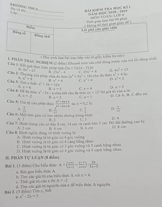 Đề kiểm tra học kì 1 môn Toán 8 huyện Hoài Đức 2018-2019
