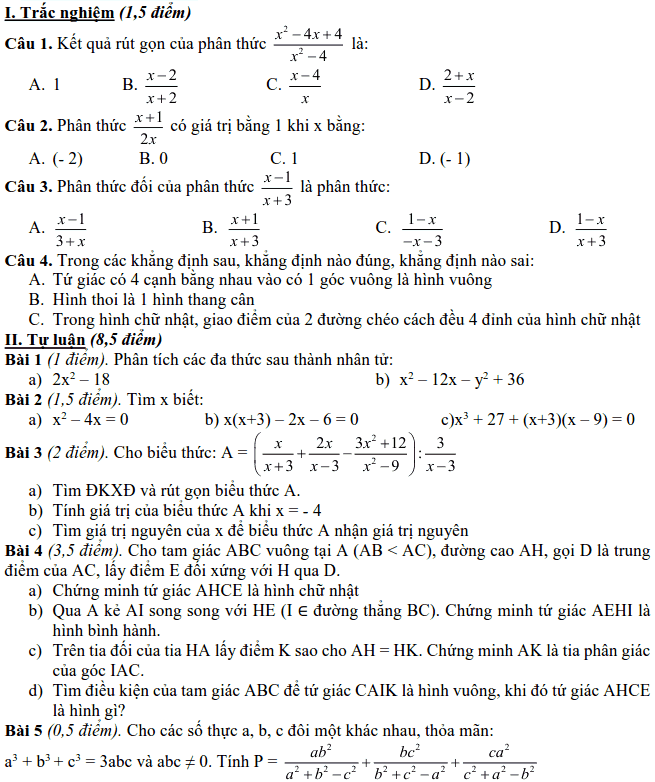 Đề kiểm tra học kì 1 môn Toán 8 THCS Đại Mỗ 2018-2019