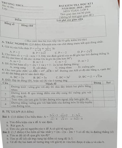 Đề kiểm tra học kì 1 môn Toán 9 huyện Hoài Đức 2018-2019