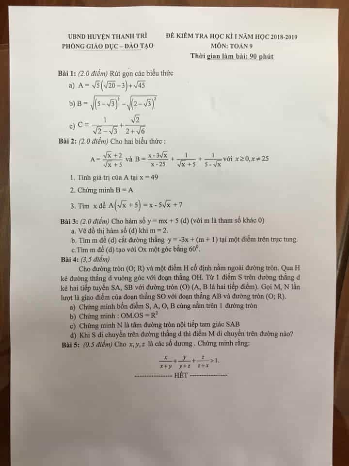 Đề kiểm tra học kì 1 môn Toán 9 huyện Thanh Trì 2018-2019 có đáp án