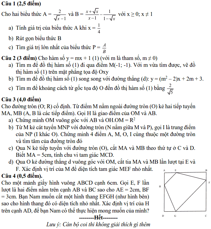 Đề kiểm tra học kì 1 môn Toán 9 quận Cầu Giấy 2018-2019