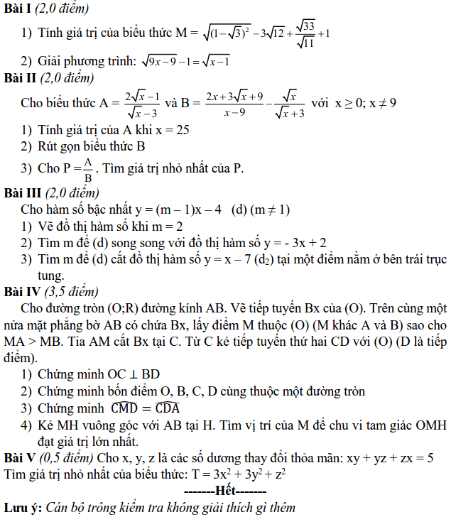 Đề kiểm tra học kì 1 môn Toán 9 quận Đống Đa 2018-2019 có đáp án