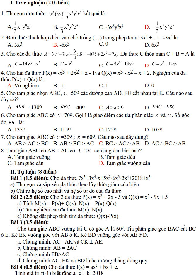 Đề kiểm tra học kì 2 môn Toán 7 huyện Thanh Trì 2017-2018 có đáp án