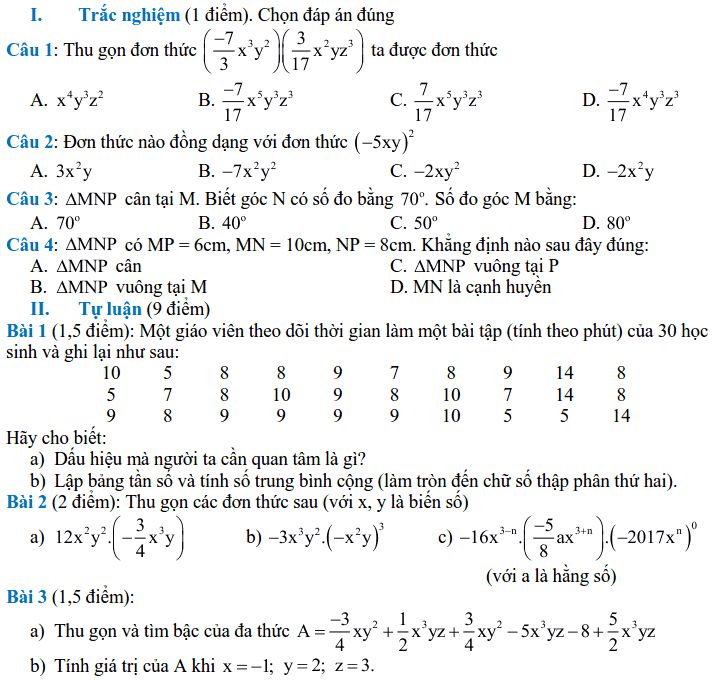 Đề KSCL giữa HK2 môn Toán 7 THCS Cổ Nhuế 2 năm 2017-2018