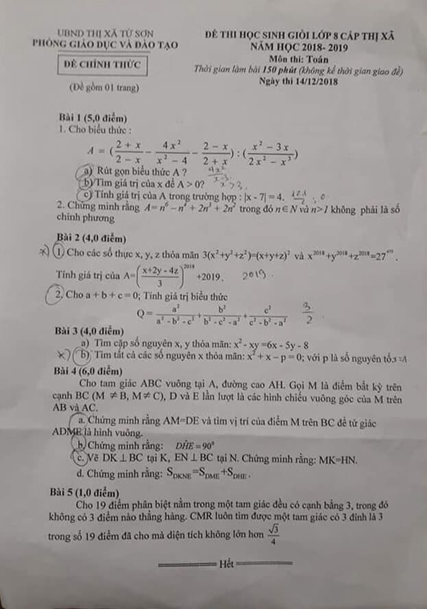 Đề thi học sinh giỏi Toán 8 thị xã Từ Sơn - Bắc Ninh 2018-2019