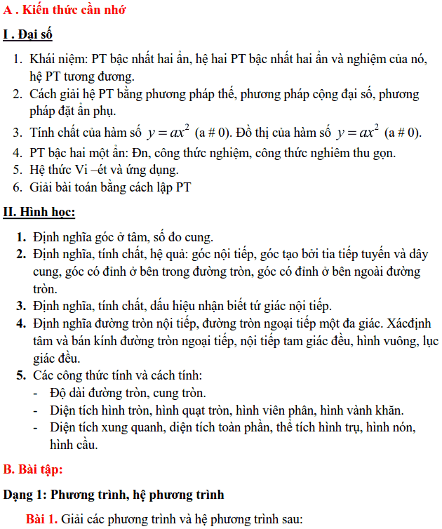 Nội dung ôn tập HK2 môn Toán 9 THCS Cát Linh 2017-2018