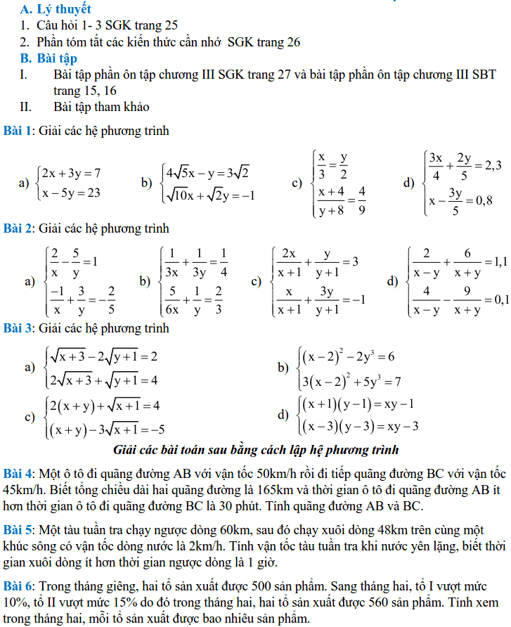 Đề cương ôn tập chương 3 môn Đại số 9 THCS Giảng Võ 2018-2019