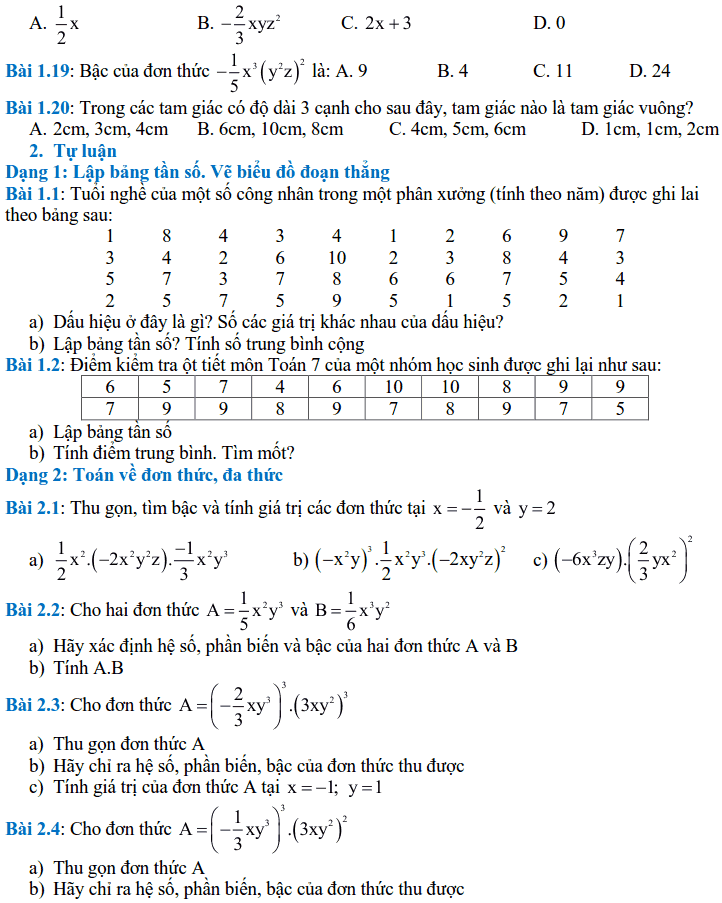 Đề cương ôn tập HK2 môn Toán 7 THCS Vinschool 2017-2018-2