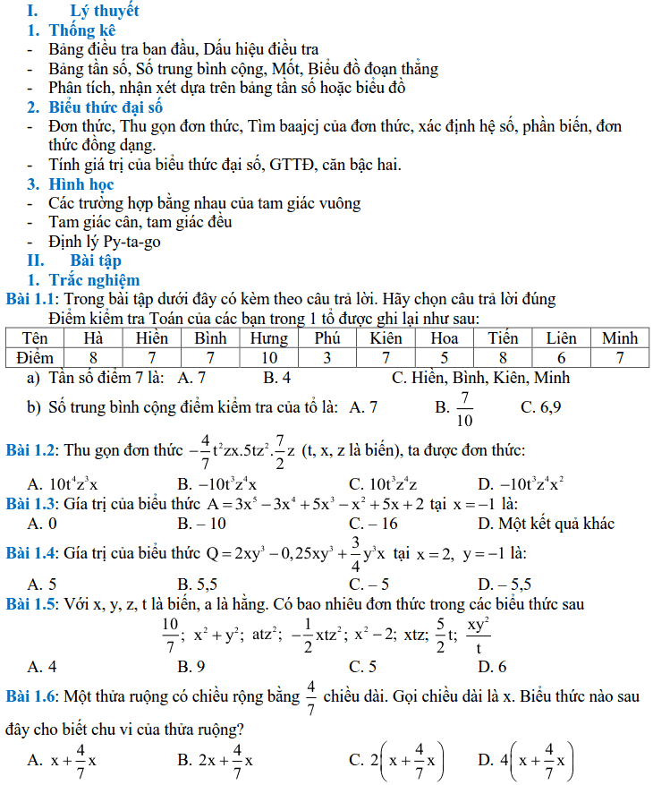 Đề cương ôn tập HK2 môn Toán 7 THCS Vinschool 2017-2018