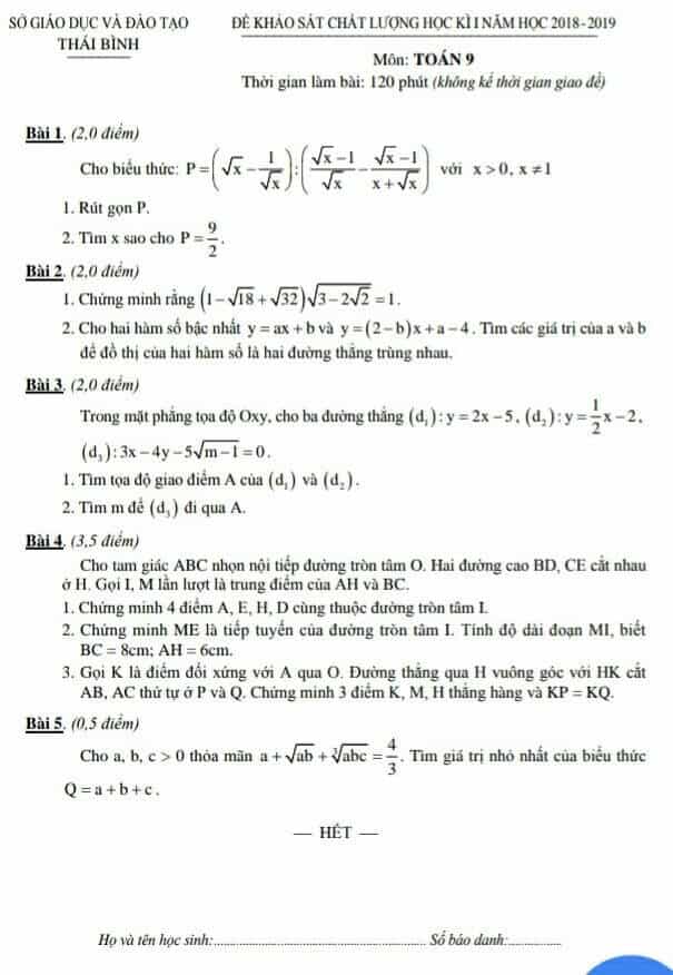 Đề kiểm tra học kì 1 môn Toán 9 tỉnh Thái Bình 2018-2019 có đáp án