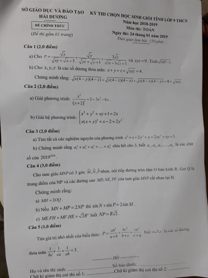 Đề thi HSG môn Toán 9 tỉnh Hải Dương năm 2018-2019