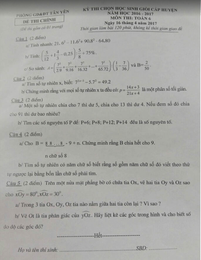 Đề thi HSG Toán 6 huyện Tân Yên, Bắc Giang 2016 – 2017