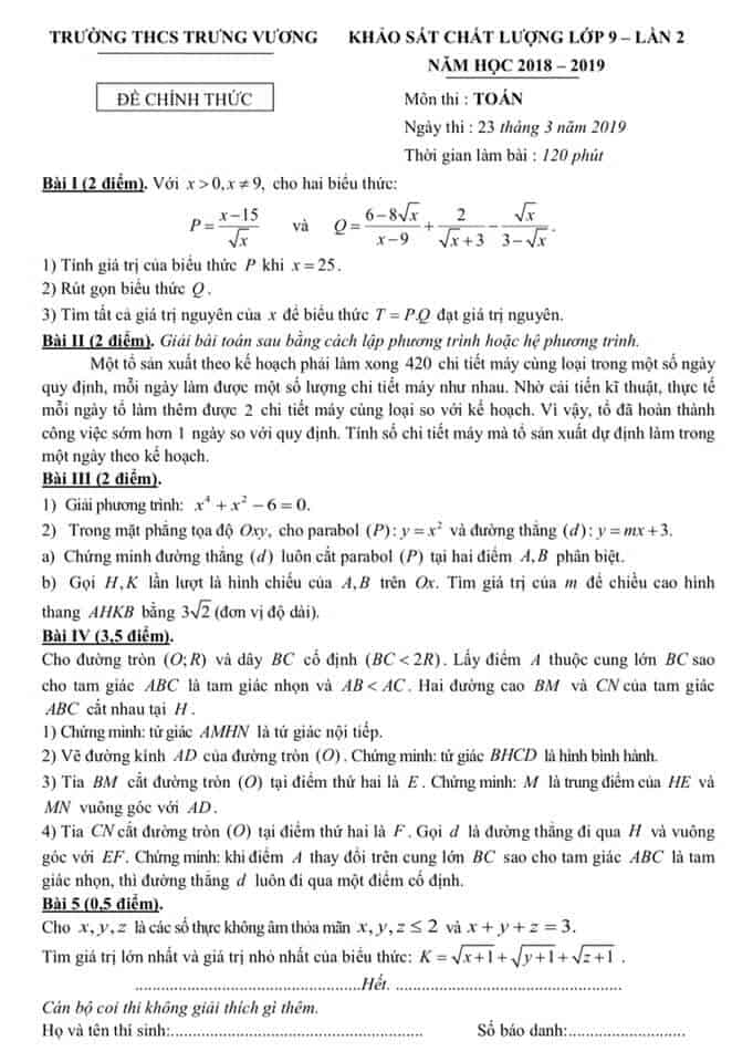 Đề khảo sát chất lượng lớp 9 lần 2 môn Toán THCS Trưng Vương 2018-2019
