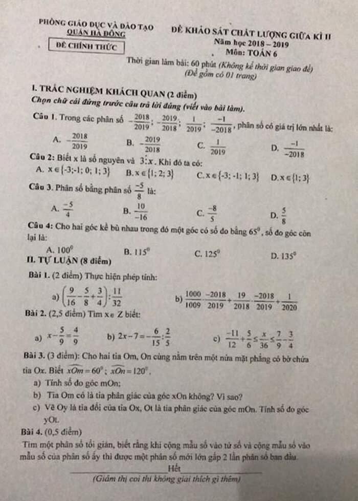 Đề kiểm tra giữa HK2 môn Toán 6 quận Hà Đông 2018-2019