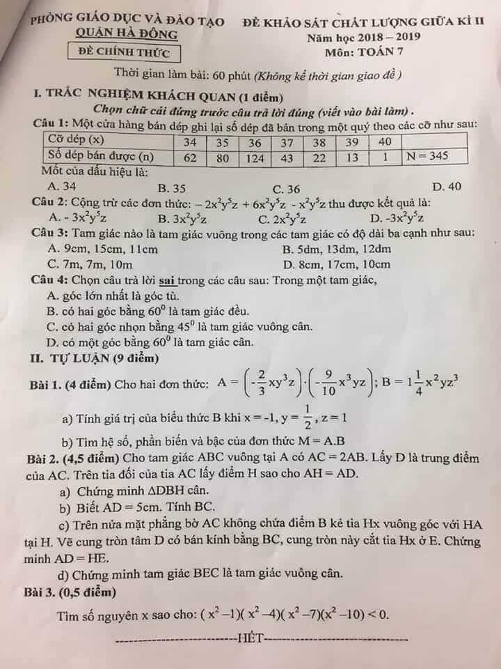 Đề kiểm tra giữa HK2 môn Toán 7 quận Hà Đông 2018-2019